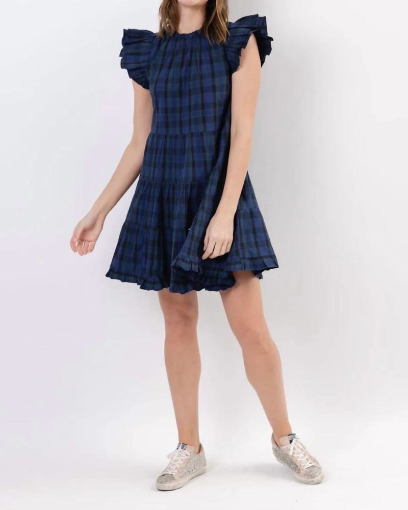 Front of a model wearing a size Large Plaid Dress in Blackwatch in Blackwatch by SAIL to SABLE. | dia_product_style_image_id:338339